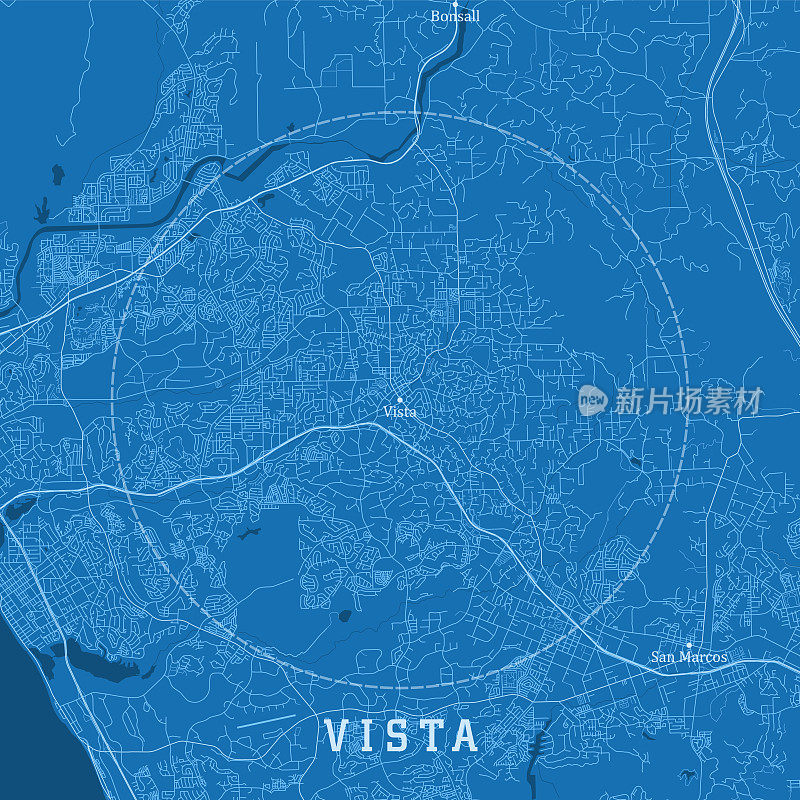 Vista CA城市矢量道路地图蓝色文本